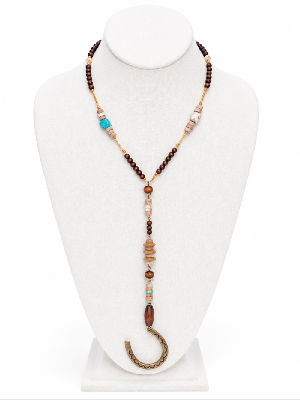 Boho Turquoise & Wood Beaded Y-Drop Horseshoe Pendant Necklace